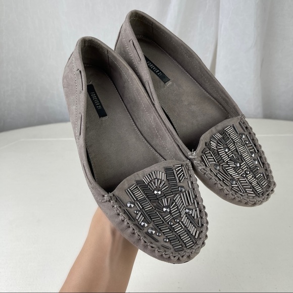 Forever 21 Shoes | Grey Taupe Beaded \u0026 Studded Moccasins Loafers Forever 21 Size 5.5 - 6 | Color: Gray/Tan | Size: 6 | Heymah's Closet